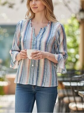 Alfred Dunner Striped Button-Front Shirt in Blue, Coral, Green & Cream
